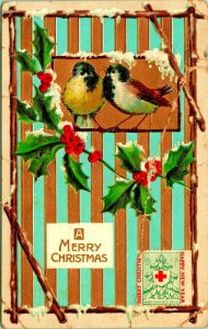 Sparrows Holly Icicles A Merry Christmas w Seal Gilt Embossed 1917 DB Postcard