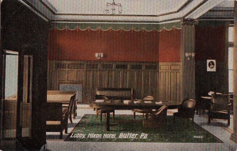 Postcard Lobby Nixon Hotel Butler PA 1909