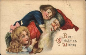 Christmas Children Ride on Smiling Santa's Back c1920 Vintage Postcard