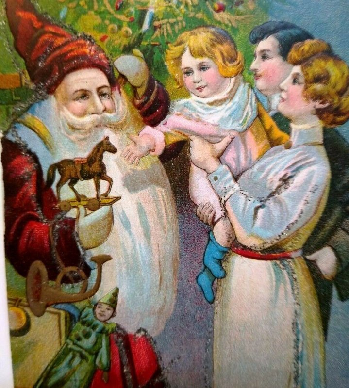 Santa Claus Christmas Postcard Embossed Glitter Victorian Long Beard Vintage