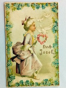 Vintage Postcard 1909 Boch Josef Woman with Doves & Heart Embossed