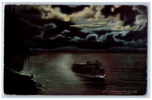 Yellowstone Wyoming Postcard Moonlight Lake Yellowstone Park Night c1940 Vintage