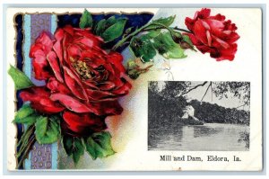 c1910's Mill And Dam Eldora Iowa IA, Red Roses Flowers Embossed Antique Postcard