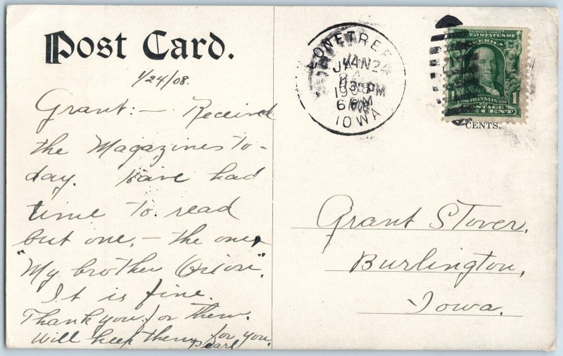 1908 Lone Tree, IA High School Building Litho Photo PC to Stover Burlington A189