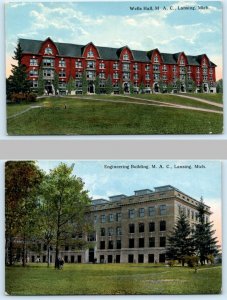 2 Postcards LANSING, MI ~ Engineering & Wells Hall MICHIGAN AGRICULTURAL COLLEGE