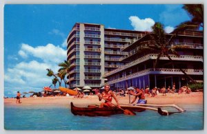 Postcard The Reef Hotel - Waikiki Hawaii w Outboard Boat