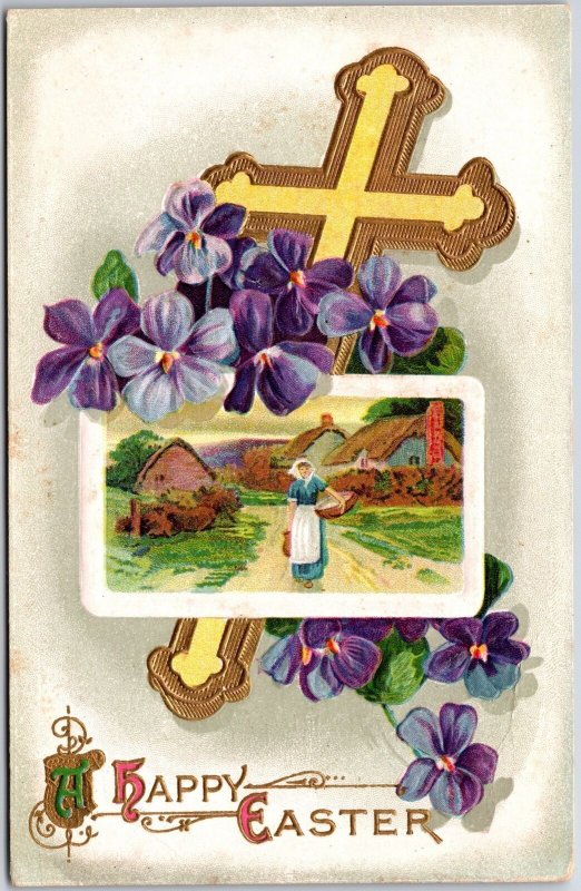 A Happy Easter Landscape Crucifix Flowers Greetings And Wishes Card Postcard