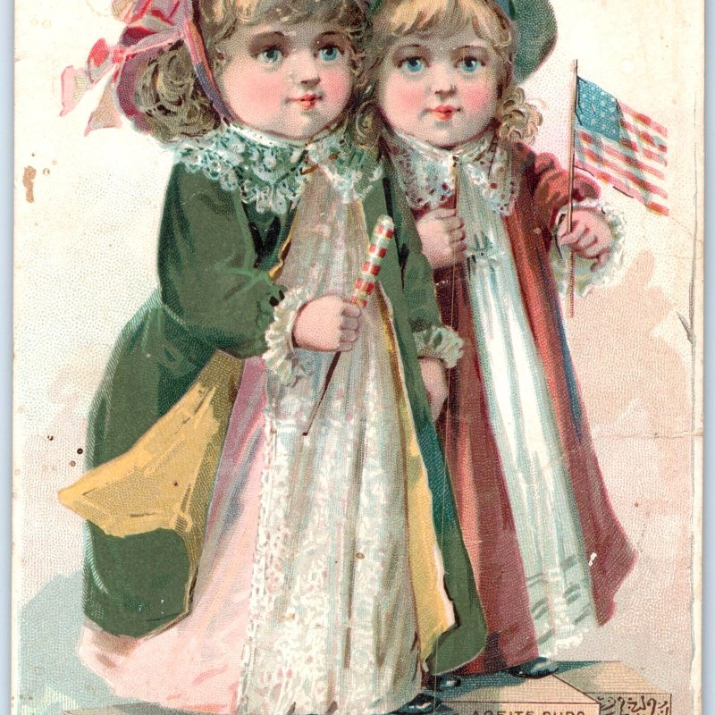 1889 Adorable Twin Girls Victorian Cute Dress American Flag Scotts Emulsion C34