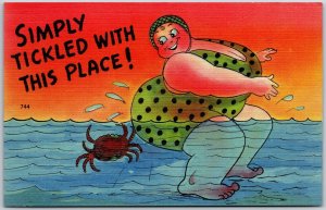 Simply Tickled With This Place! Fat Woman In The Ocean & The Crab Comic Postcard