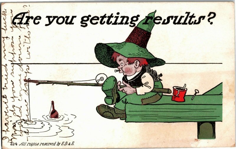 Are You Getting Results Man Fishing Hat Rod Reel Can Worms c1907 UDB PostcardA34