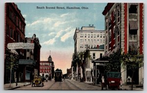 Hamilton OH South Second Street Stores Theatre Trolley Cars Hotel Postcard F43