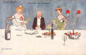 Leap Year Greetings Ladies at Dinner with Man Artist Signed Tuck PC AA22208