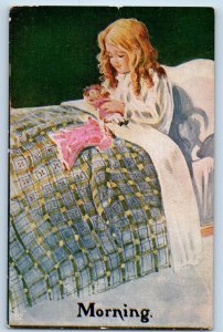 Little Girl Postcard Praying On Bed With Doll Morning c1910's Antique Unposted