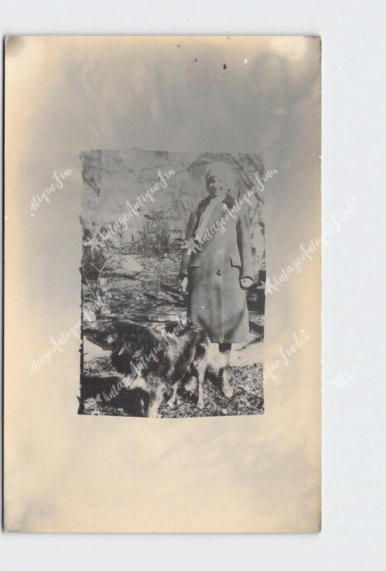 RPPC REAL PHOTO POSTCARD CUTE GIRL HAT COAT GERMAN SHEPPARD? DOG