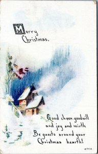 Postcard Merry Christmas - house in snow Owen Card Pub RMS Woodfords Station