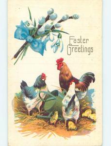 Pre-Linen easter COLORFUL ROOSTERS AND CHICKENS BESIDE WATERING CAN HL0808