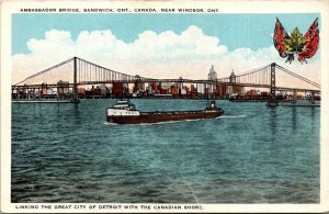 VINTAGE POSTCARD AMBASSADOR BRIDGE LINKING DETROIT WITH CANADA PRINTED 1920s