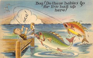 Man on the Dock with a Huge Fish on the Line Comic Fishing Unused 