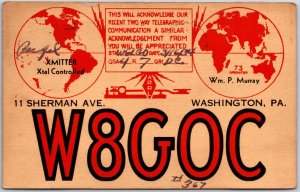 1934 QSL Radio Card Code W8GOC Washington PA Amateur Station Posted Postcard