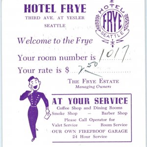 c1940s Seattle, WA Hotel Frye Welcome Card Room Number Cost Advertising Vtg C47