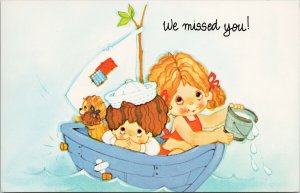 'We Missed You' Young Girls Dog in Leaky Boat Religion Mark 10:27 Postcard F97