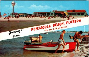 FL, Florida PENSACOLA BEACH BANNER Greetings BATHERS TAVERN~BOATS~TOWER Postcard