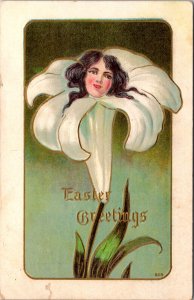 Easter Postcard Woman's Face Inside of an Easter Lily