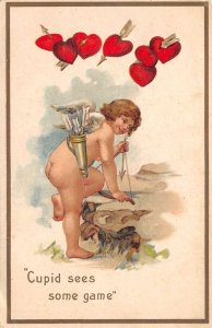 Valentines Greetings Cupid and Hearts with Arrows Vintage Postcard AA74803