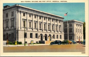 Federal Building Post Office Missoula Montana Postcard antique cars UNP Linen