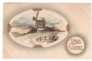 Xmas Wishes, Wintry Dutch Windmill Scene In Cameo Frame, 1910 BB London Postcard