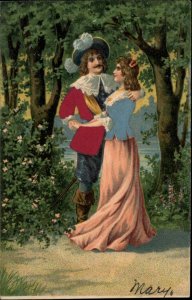 Elizabethan Romance Man and Woman Silk Real Fabric Clothing Pre-1910 Postcard