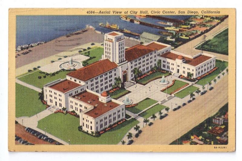 City Hall Civic Center Aerial View San Diego CA 1945 Linen