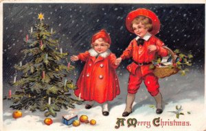 A Merry Christmas Children W/ Christmas Tree, Snow Falling, Basket Of Hollies, P