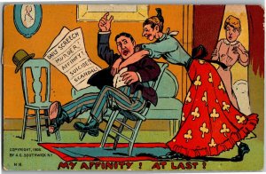 Homely Woman Hugs Man Reading Paper My Affinity! c1911 Vintage Postcard A20