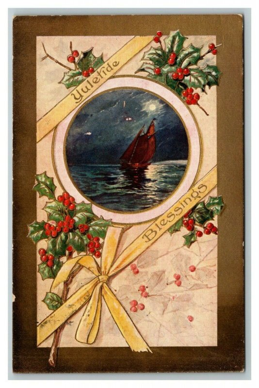 Vintage Early 1900's Postcard Yuletide Blessings Embossed Mistletoe Sailboat