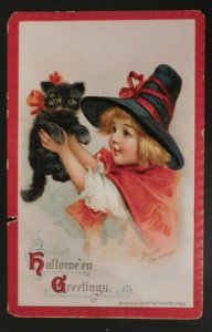 Mint Little Girl Dress As Witch with Black Cat Halloween Postcard