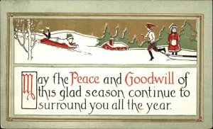 Christmas Children Sledding Decorative Font c1910 Vintage Postcard