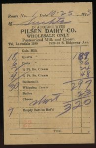 1925 CHICAGO IL PILSEN DAIRY CO. RIDGEWAY AVE WHOLESALE ONLY INVOICE 35-26