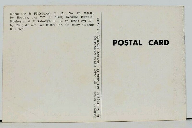 Rochester & Pittsburg Railroad No.17 Railway Trail Locomotive Postcard M3