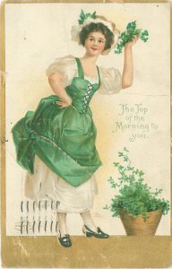 St Patrick's Day Girl in Green Dress Top of the Morning to You Embossed ...