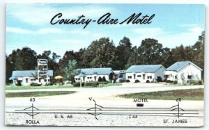 1950s ROLLA ST JAMES MISSOURI COUNTRY-AIRE MOTEL US 66 & 44 MAP POSTCARD P1075