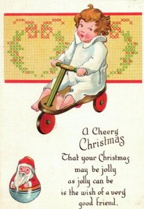 C.1910 Adorable Girl on Scooter Rolly Polly Santa Claus Christmas Postcard