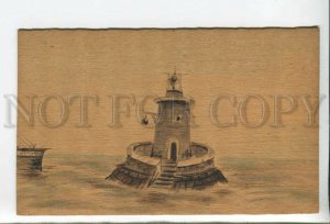 433943 Russia LIGHTHOUSE & Ship Vintage PLYWOOD postcard