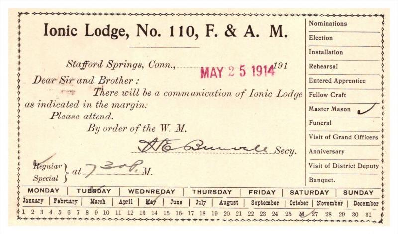 Connecticut Stafford Springs ,  Ionic Lodge No.110, Master Mason