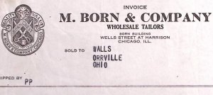 1938 M. BORN & COMPANY WHOLESALE TAILORS CHICAGO ORRVILLE BILLHEAD INVOICE Z279