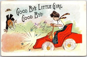 1907 Girl Driving Fast The Car Good Bye Little Girl Comic Card Posted Postcard