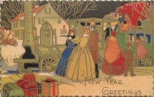 Art Deco New Year Art Postcard Pretty People by Carriage Pulled by Steam Engine