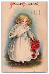 1922 Merry Christmas Cute Girl Fan Poinsettia Flowers Wolf New Haven CT Postcard 