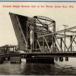 c1910s Green Bay, Wis Largest Bascule Lift Draw Bridge Litho Photo Postcard A215