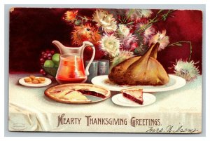 Vintage 1907 Thanksgiving Postcard Ellen Clapsaddle Embossed Turkey Meal Flowers